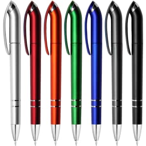 A collection of metallic pens in silver, red, orange, green, blue, and black, featuring a logo on each.