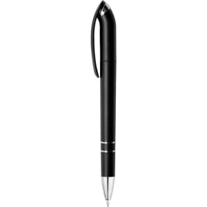 A black plastic pen with a sleek design and chrome accents. It features a clip and has a branding logo.