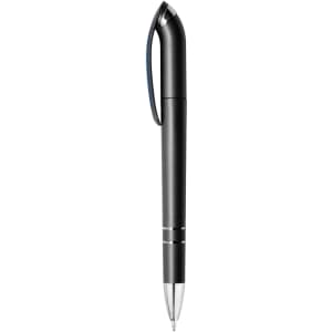 A sleek black metallic pen with a stylish design and chrome accents. It features a clip for easy attachment.