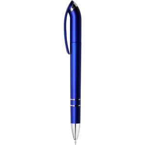 A metallic blue pen with a sleek design, featuring a silver tip and a logo on the body.