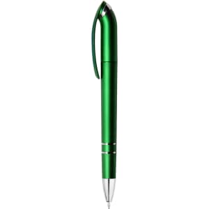 A green metallic pen with a sleek design and silver accents, featuring a logo on its surface.