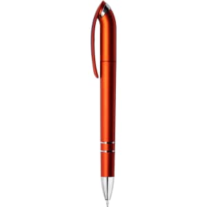 A metallic orange pen with a sleek design, featuring a clip and a silver trim, alongside a logo.