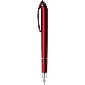 A sleek red metallic pen with a silver clip and detailing, featuring a branding logo.