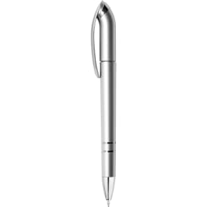 A silver metallic pen with a sleek design and clip. The pen features a logo on its body.