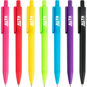 A set of plastic pens in pink, red, yellow, green, purple, and black, featuring branding on each pen.
