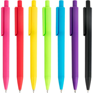 A collection of plastic pens in pink, red, yellow, green, blue, purple, and black, featuring clips and a logo.