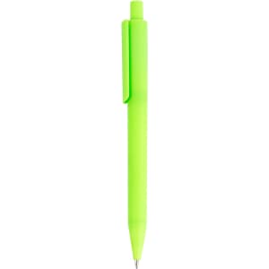 A bright green plastic pen with a clip and a smooth finish. It features a logo on its body.