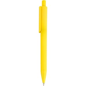 A yellow plastic pen with a clip and a smooth tip, featuring a simplistic design and a branding logo.