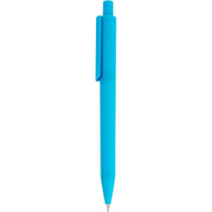 A plastic pen in a vibrant blue colour with a clip and a smooth design. It features branding on the side.