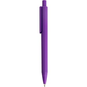 A plastic pen in a vibrant purple hue with a clip and a smooth, sleek design. It features a logo.