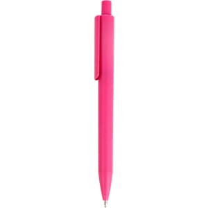 A pink plastic pen with a clip and a standard ballpoint tip. It has a branded logo.