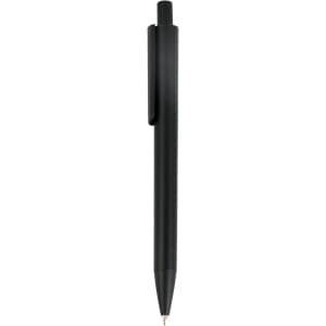 A black plastic pen with a clip and streamlined design. It features a branding logo on the barrel.