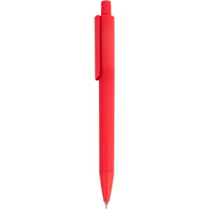 A red plastic pen with a clip, featuring a sleek design and a silver tip. It has a branding logo on the side.