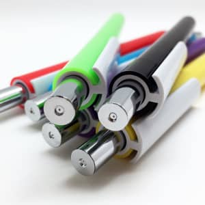 A collection of plastic pens in various colours, featuring chrome accents and a logo on each pen.