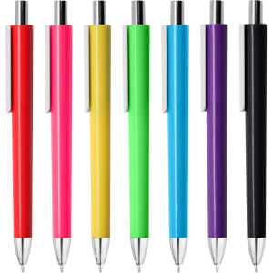 A collection of plastic pens in red, pink, green, yellow, and black, featuring a silver clip and tip, with a logo.