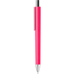 A pink plastic pen with a silver clip and tip, featuring a sleek design and smooth finishing.