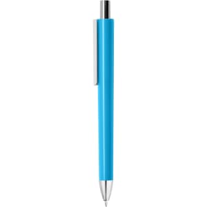A blue plastic pen with a silver clip and a rounded tip. It features a sleek design and includes a branding logo.