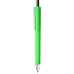 A plastic pen in bright green with a silver clip and a chrome tip. Features a branding logo.