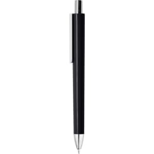 A black plastic pen with a silver clip and metallic tip, featuring a logo on its side.