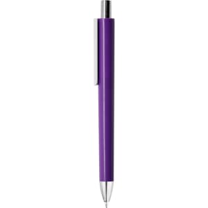 A purple plastic pen with a chrome clip and a metallic accent near the tip, featuring a branding logo.