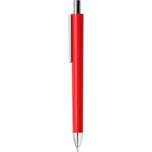 A red plastic pen with a silver clip and a shiny finish. The pen has a standard ballpoint tip and features branding.