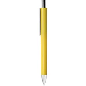 A plastic pen in bright yellow with a silver clip and a smooth, round barrel design.