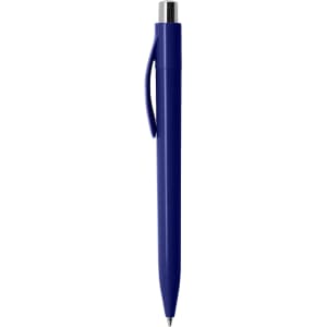 A plastic pen in a deep blue colour with a silver clip and tip, featuring a logo.
