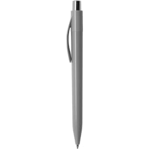 A grey plastic pen with a clip and a shiny silver tip, featuring a logo.