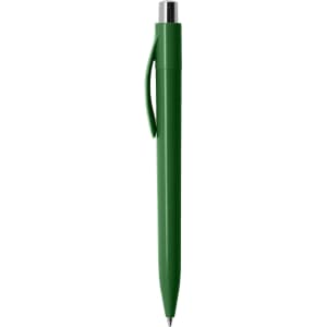 A green plastic pen with a silver tip and a clip. The pen has a sleek, simple design and includes a logo.