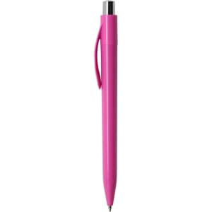 A pink plastic pen with a silver clip and tip, featuring a streamlined design and a branding logo.