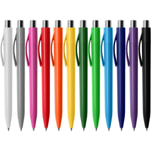 A collection of plastic pens in various colours, including white, grey, pink, orange, yellow, green, blue, and black.