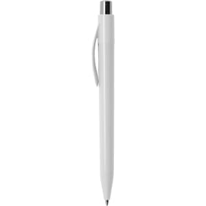 A plastic pen in white with a silver clip and tip, featuring a logo on the body.