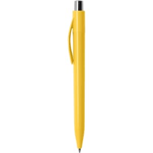 A yellow plastic pen with a silver clip and tip, featuring a branding logo.