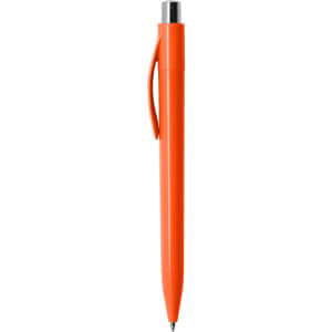 An orange plastic pen with a silver tip and a clip. It features a simple, streamlined design.