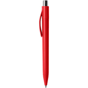 A red plastic pen with a silver clip, featuring a smooth, sleek design and a logo on its surface.