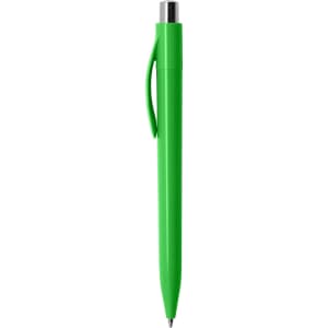 A green plastic pen featuring a silver top and a clip on the side. The pen has a sleek design and a branding logo.