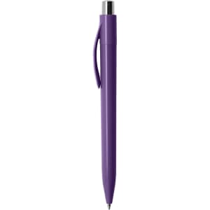 A purple plastic pen with a silver clip and tip, featuring a logo on the barrel.