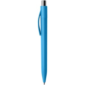 A blue plastic pen with a silver clip, featuring a sleek design and a branding logo.