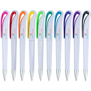 A collection of ten plastic pens in various colours with a decorative grip and a branding logo on each pen.