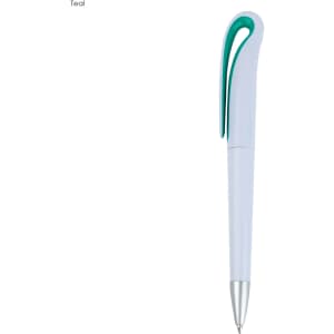 A plastic pen in white and teal with a smooth, curved design and a silver tip. It features a branding logo.