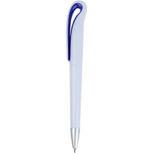 A plastic pen in light purple with a blue clip and a silver tip. It features a logo on the body.