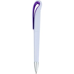 A plastic pen in light purple with a silver tip and a purple clip, featuring a logo.