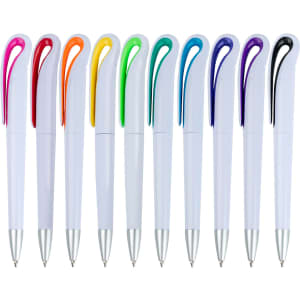 A collection of white plastic pens with various coloured clips including red, orange, yellow, green, blue, and purple.