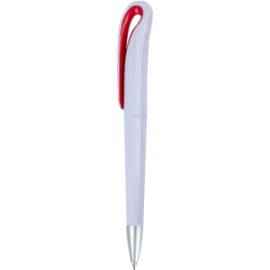 A plastic pen in light purple with a red clip and a silver tip, featuring a logo on the body.