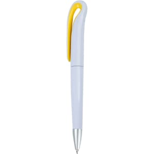 A plastic pen in light purple with a yellow clip and silver tip, featuring a logo.