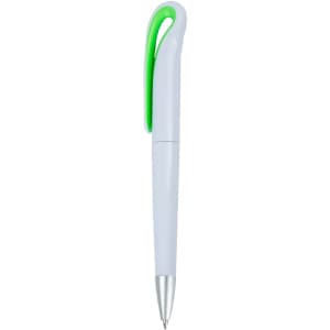 A plastic pen in white with a green clip and silver tip, featuring a logo on the body.