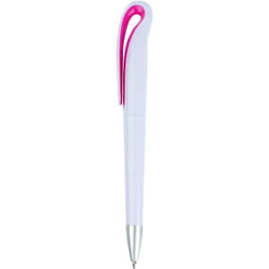 A plastic pen featuring a white body with a pink clip and silver tip, displaying a simple design.