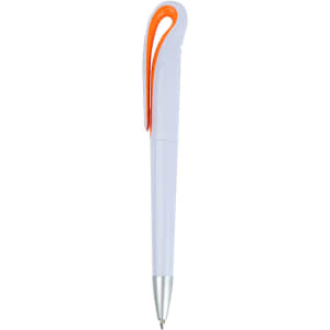 A plastic pen in white with an orange accent and a silver tip, featuring a distinctive design.