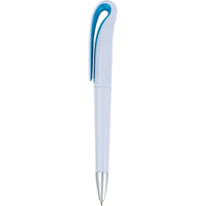 A plastic pen in white with a blue accent and silver tip, featuring a unique design and a clip.