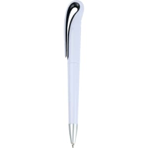 A plastic pen in white with a black clip and silver tip, featuring a logo on the barrel.
